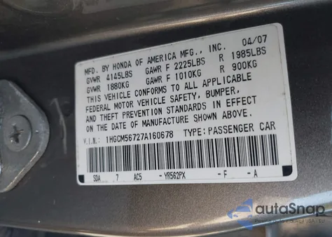 2007 Honda Accord 2.4 Ex from USA, damaged, VIN 1HGCM56727A160678